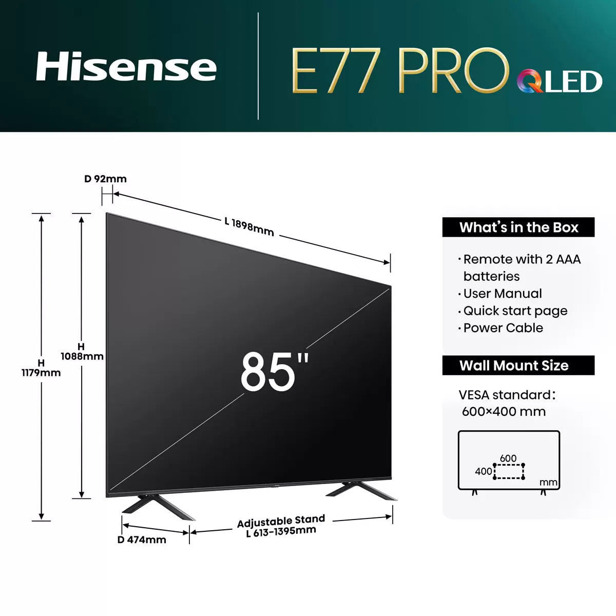 Hisense 85E77NQTUK PRO 85 Inch 4K QLED Freely Smart TV