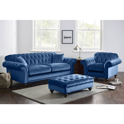 Bordeaux Button Back Blue Velvet 3 Seater Sofa – view 4
