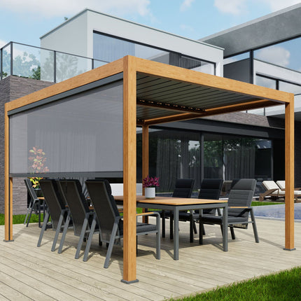 Alvivo 9ft 8" x 13ft 3" (3 x 4m) Wood-Look Louvered Aluminium Pergola Bundle with 3 Pull-Down Screens – view 5