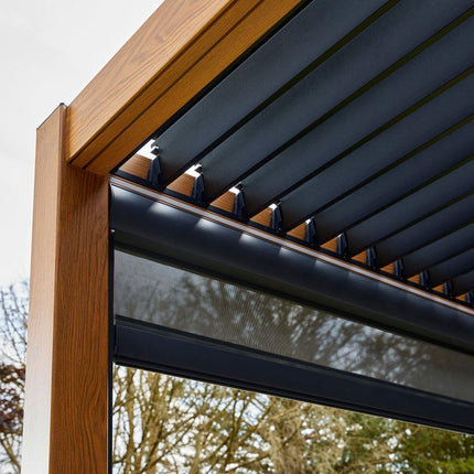 Alvivo 9ft 8" x 13ft 3" (3 x 4m) Wood-Look Louvered Aluminium Pergola Bundle with 3 Pull-Down Screens – view 8