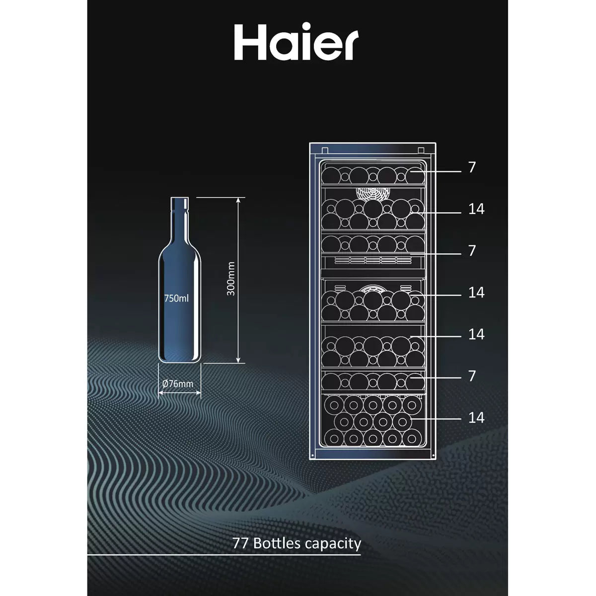 Haier HWS77GDAU1 77 Bottle Dual Zone Wine Cooler, G Rating in Black