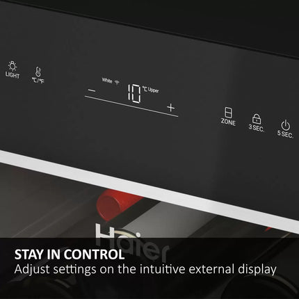 Haier HWS77GDAU1 77 Bottle Dual Zone Wine Cooler, G Rating in Black