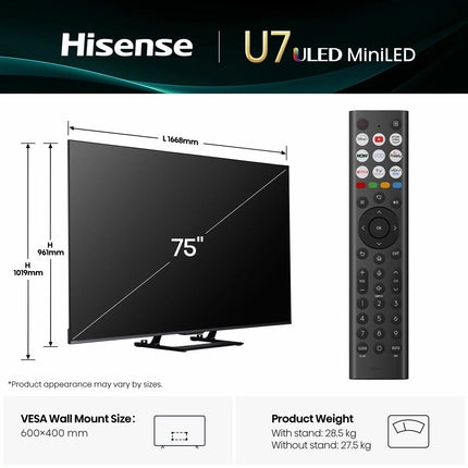 Hisense 75U7QTUK 75 Inch Mini LED HD Smart TV