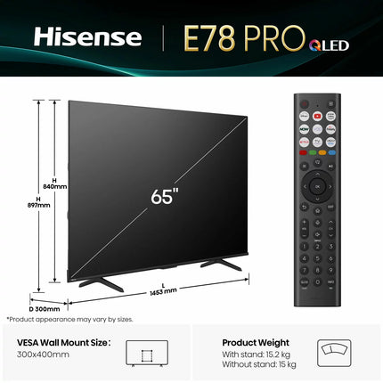Hisense 65E78QTUK PRO 65 Inch QLED HD Smart TV