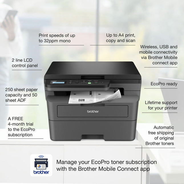 Brother 3-in-1 Mono Laser Multifunction Printer, DCP-L2627DWE – view 2