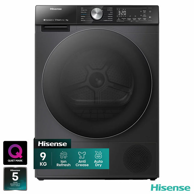 Hisense DH5S902BB, 9kg Heat Pump Tumble Dryer, A+++ Rated in Black