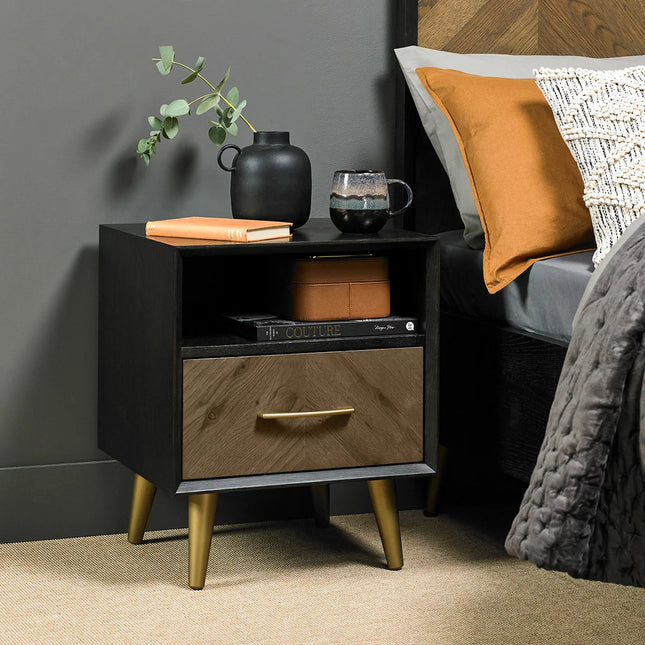 Bentley Designs Sienna Fumed Oak & Peppercorn One Drawer Nightstand, 2 Pack