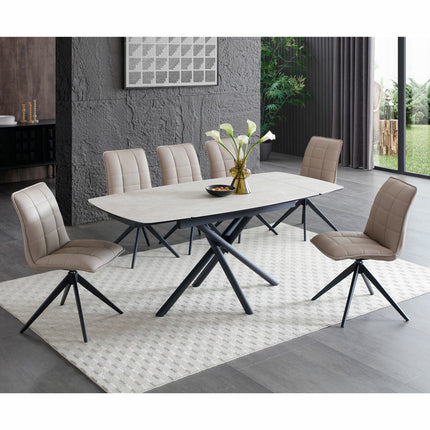 Indus Valley Skylar small ceramic extending dining table with 6 taupe chairs
