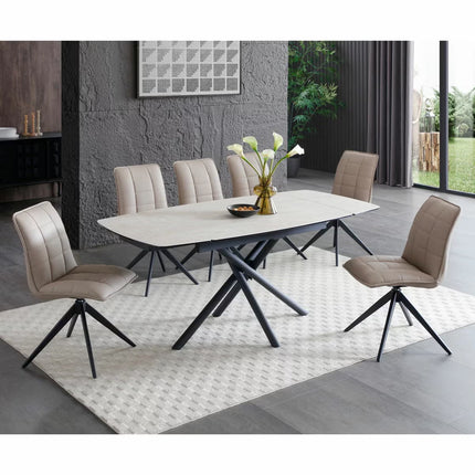Indus Valley Skylar Small Ceramic Extending Dining Table + 6 Taupe Chairs, Seats 6