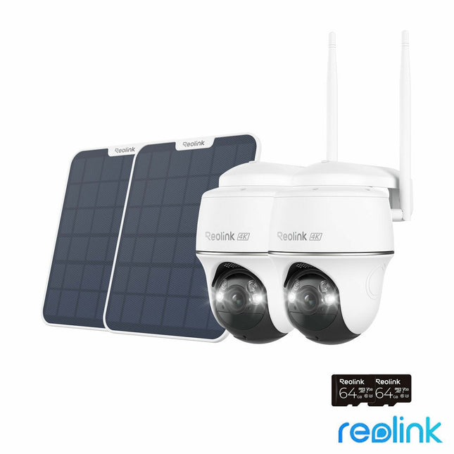 Reolink Argus PT Ultra 4K 8MP Wireless Pan & Tilt Solar/Battery Camera with Spotlights + 64GB SD Card - 2 Pack