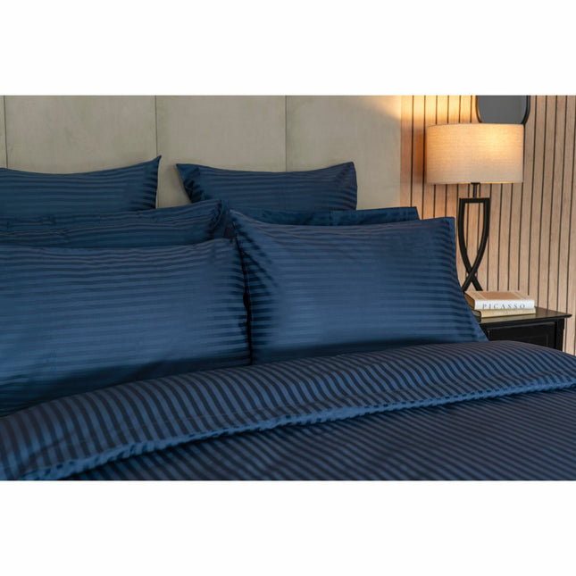 Belledorm 540 Thread Count Satin Stripe Navy Duvet Cover Set in 3 Sizes – view 2