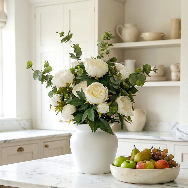 Artificial Peony & Eucalyptus Bouquet in Vase in 2 Colours