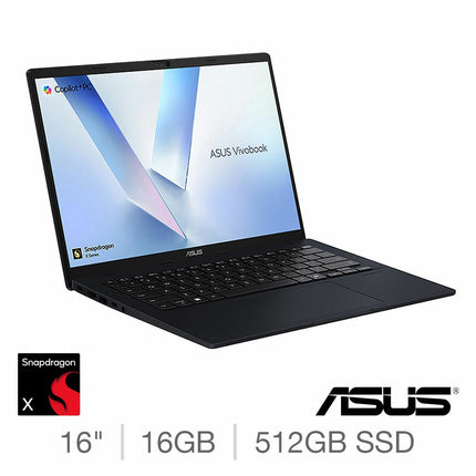 ASUS Vivobook Copilot+ PC, Snapdragon X1, 16GB RAM, 512GB SSD, 16 Inch Laptop, X1607QA-MB005W