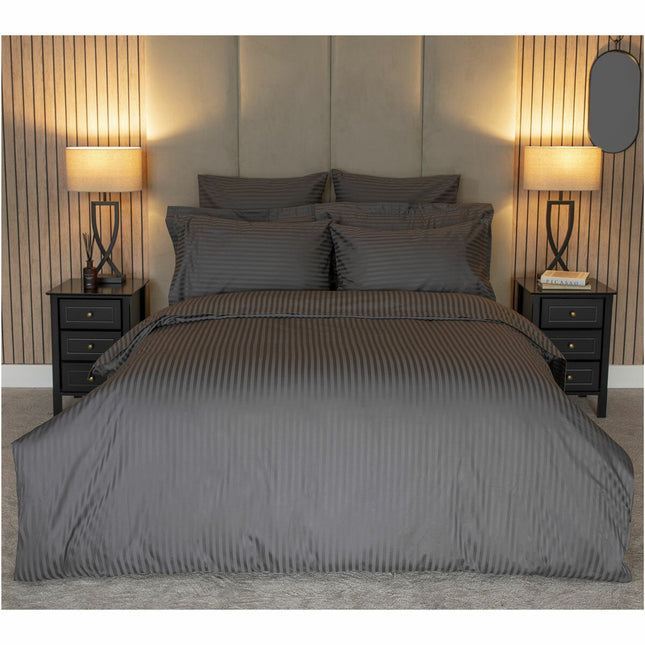 Belledorm 540 Thread Count Satin Stripe Charcoal Duvet Cover Set in 3 Sizes