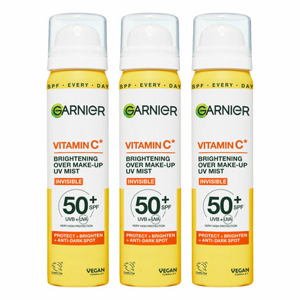 Garnier Vitamin C Brightening Over Make-up UV Sun Cream Mist,SPF50+, 3 x 75ML