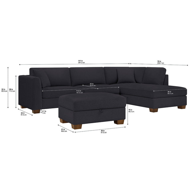 Thomasville Walsen Blue Fabric Corner Sofa with Storage Ottoman, Right Hand Facing – view 2