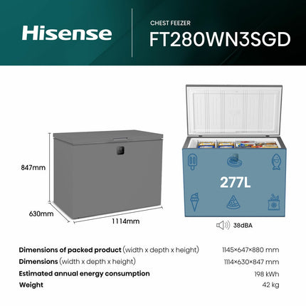 Hisense FT280WN3SGD, 277L Chest Freezer, D Rated in Silver – view 8