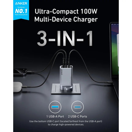 Anker Prime Charger (100W, 3 Ports, GaNPrime) with 0.9 m & 1.8m 240W USB-C Cables