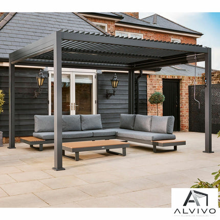 Alvivo 9ft 7" x 12ft 10" (2.9 x 3.9m) Louvered Aluminium Pergola Bundle with Pull-Down Screens & LED Lights