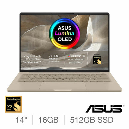 ASUS Zenbook A14, Copilot+ PC, Snapdragon X2 Elite, 16GB RAM, 512GB SSD, 14 Inch OLED Laptop, UX3407NA-QD182W