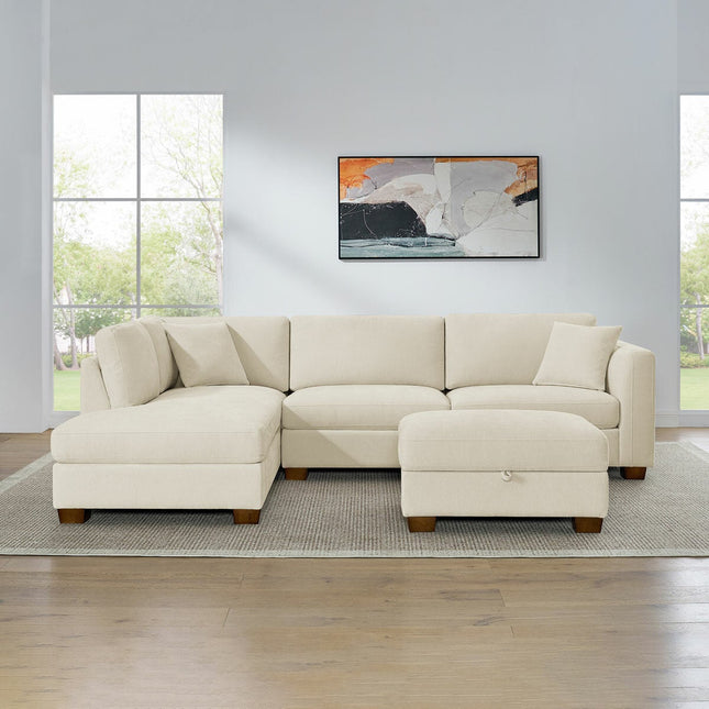 Thomasville Walsen Cream Fabric Corner Sofa with Storage Ottoman in 2 Configurations