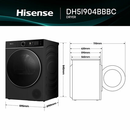 Hisense KitchenFit 5i Series DH5I904BBBC, 9kg Heat Pump Dryer, A+++ Rated in Black – view 5