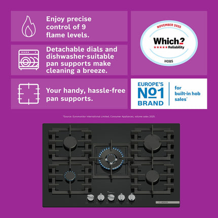 Bosch Series 6 PPQ7A6I40, Tempered Glass 75cm Gas Hob in Black – view 2