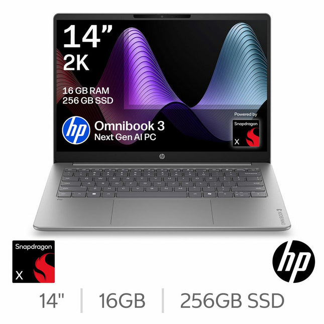HP Omnibook 3, Copilot+ PC, Snapdragon X, 16GB RAM, 256GB SSD, 14 Inch Laptop, 14-hz0001nax