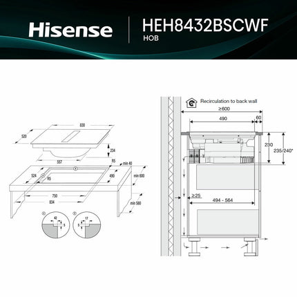 Hisense Hi6 HEH8432BSCWF 83cm Induction Hob with Bridge Zone in Black For External / Recirculation Ventilation – view 6