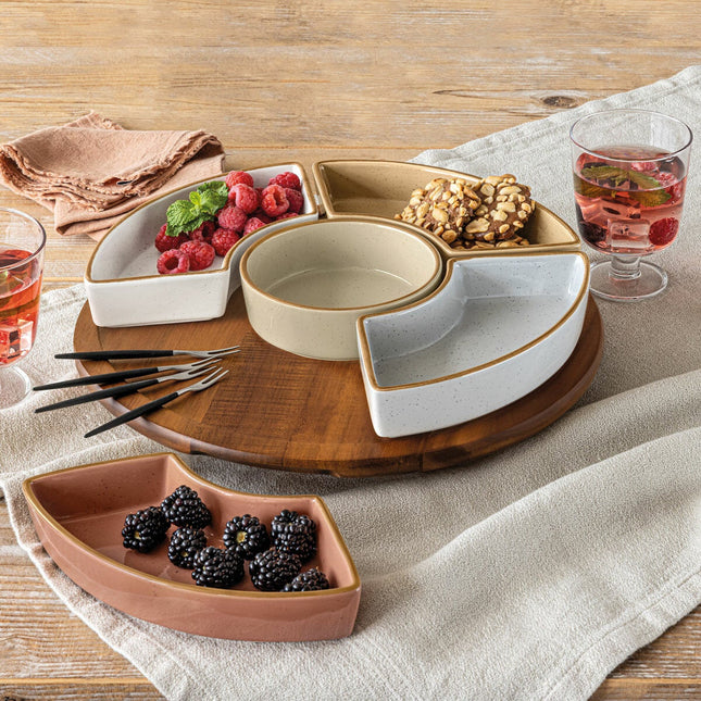 Over & Back Acacia Lazy Susan, with 5 Stoneware Dishes – view 2