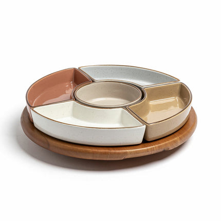 Over & Back Acacia Lazy Susan, with 5 Stoneware Dishes – view 5