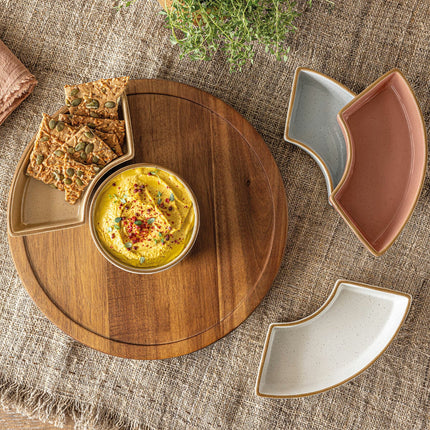 Over & Back Acacia Lazy Susan, with 5 Stoneware Dishes – view 4