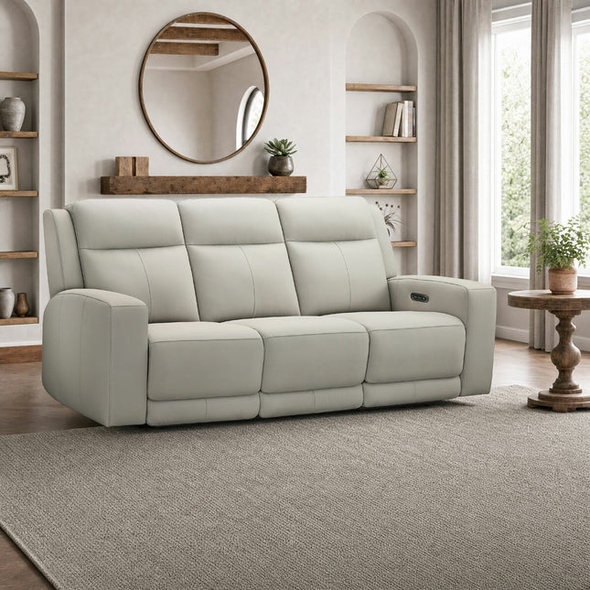 Simon Li Wren Light Grey Leather Power Reclining 3 Seater Sofa with Power Headrest
