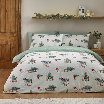 Catherine Lansfield Brushed Cotton Christmas Dogs Reversible Duvet Cover Set In 4 Sizes