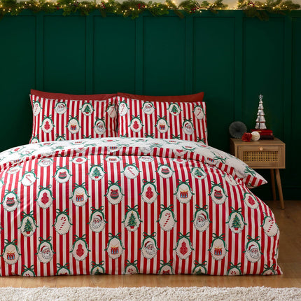 Catherine Lansfield Christmas Vintage Stripe Reversible Duvet Cover Set In 3 Sizes