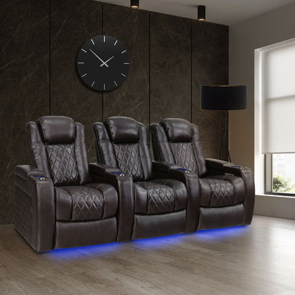 Valencia Tuscany Row of 3 Brown Leather Power Reclining Home Theatre Seating